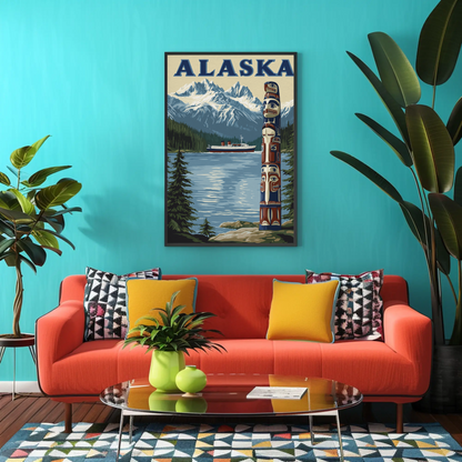 Alaska Vintage Poster - Totem and Mountains
