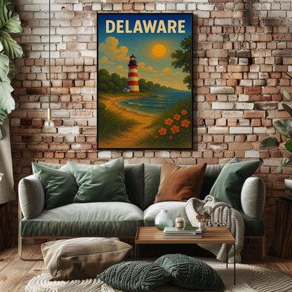Delaware Striped Lighthouse Sunset Beach Travel Poster