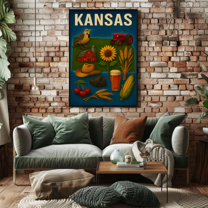Kansas State Symbols Agriculture Sunflower Tractor Poster Poster