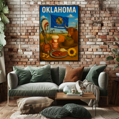 Oklahoma BBQ Cow Mandolin Flag Beer Travel Poster