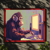 Chimpanzee with Headphones Retro Computer Poster