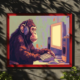 Chimpanzee with Headphones Retro Computer Poster