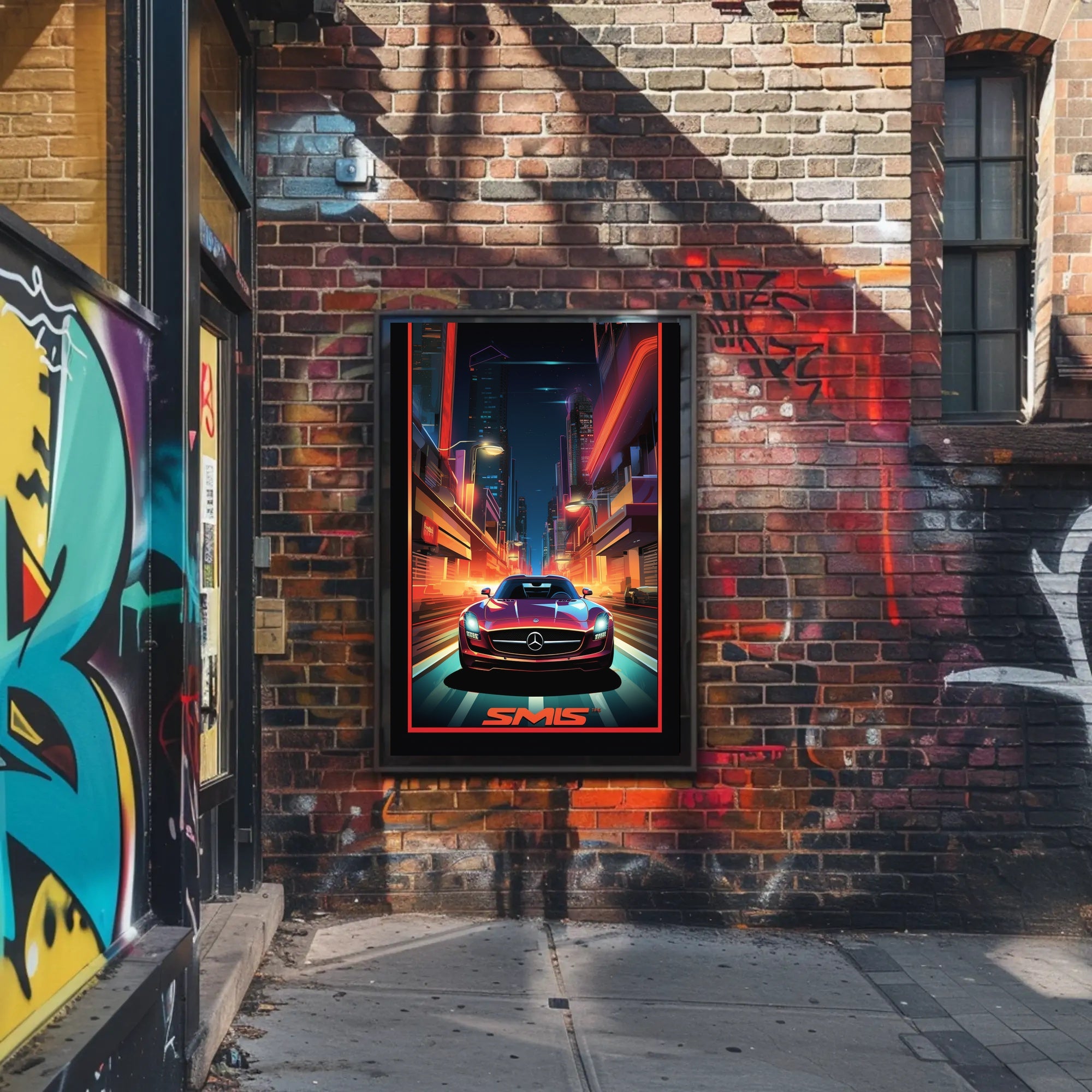 Sleek Sports Car in Vibrant Futuristic Sci-Fi Poster