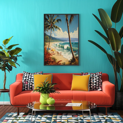 Tropical Surf Beach Day Palm Trees Vintage Travel Poster