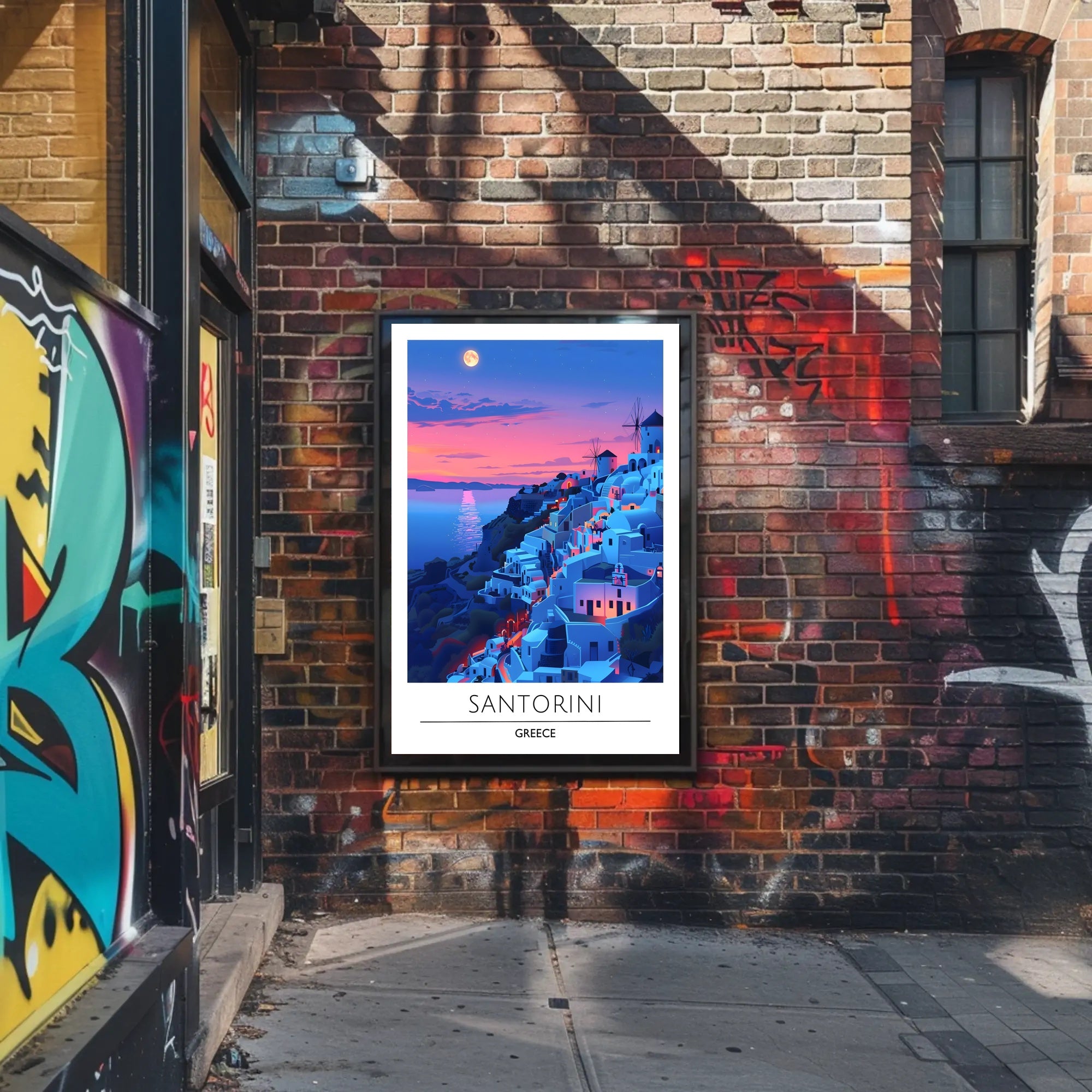 Santorini Sunset Travel Scene: Beautiful Mediterranean Landscape Poster