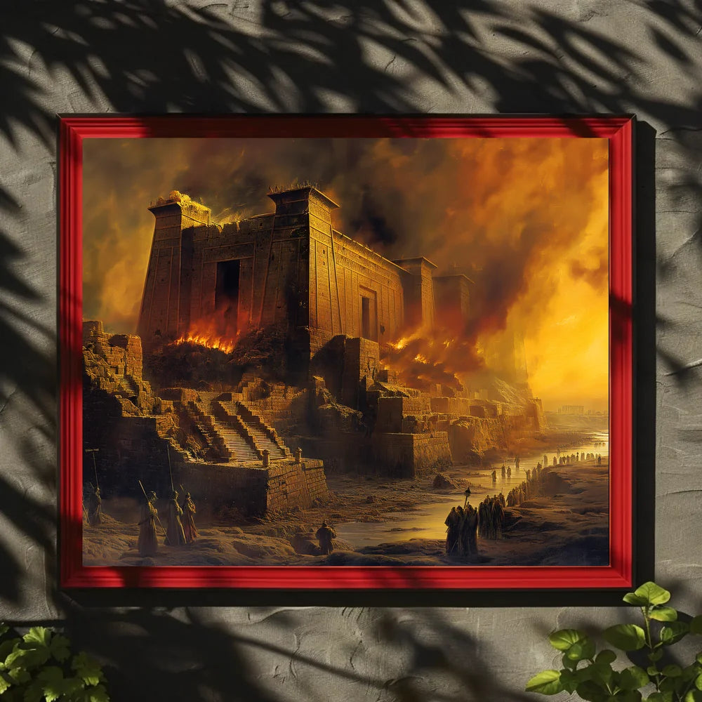 Ancient Temple Ablaze: Mythical Destruction Art Poster
