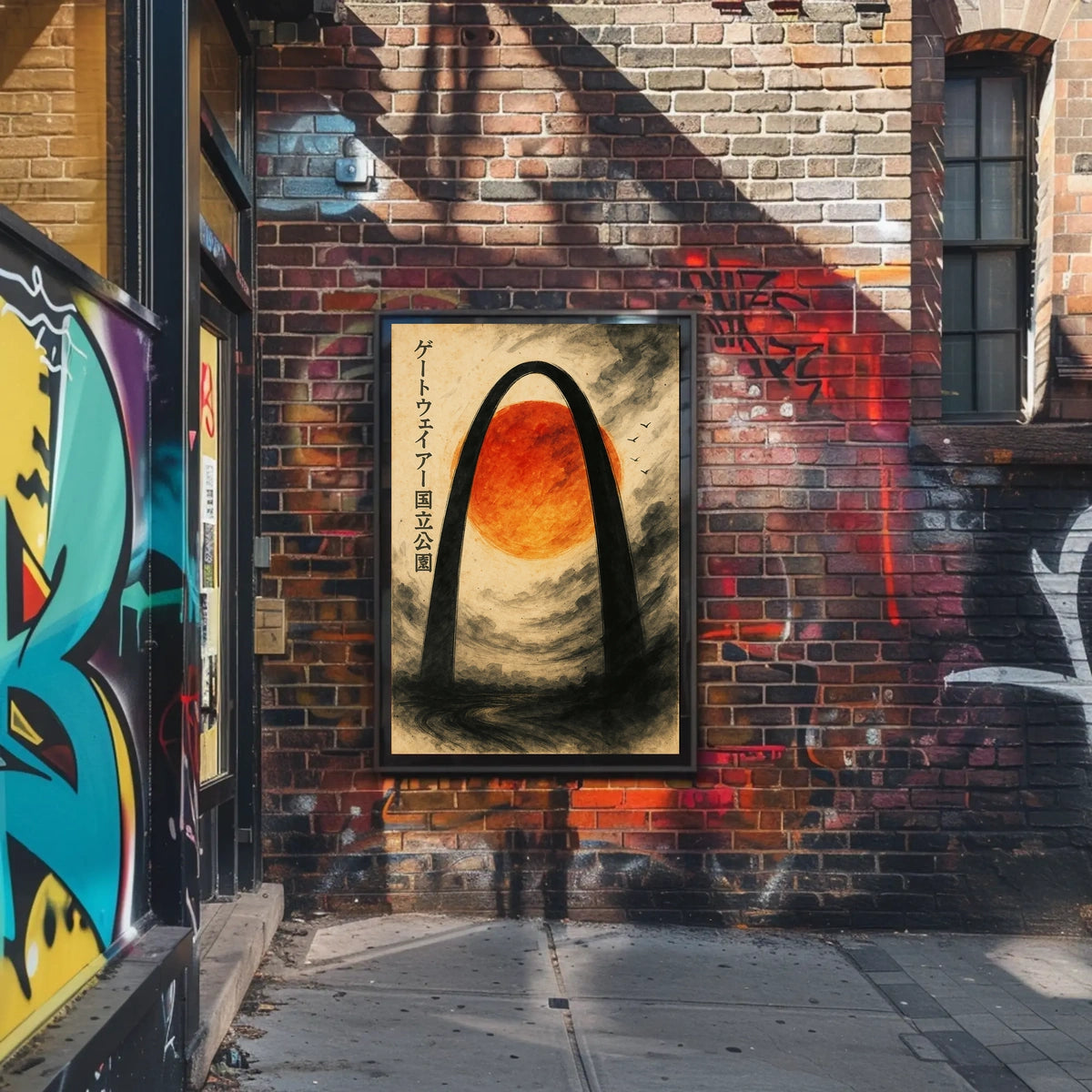 Stylized Arch and Red Sun Vintage Artistic Japanese Poster