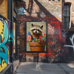 raccoon popping out of a large clay flowerpot Poster