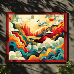 The poster features a vibrant and dynamic abstract illustration depicting an airplane soaring Travel Poster