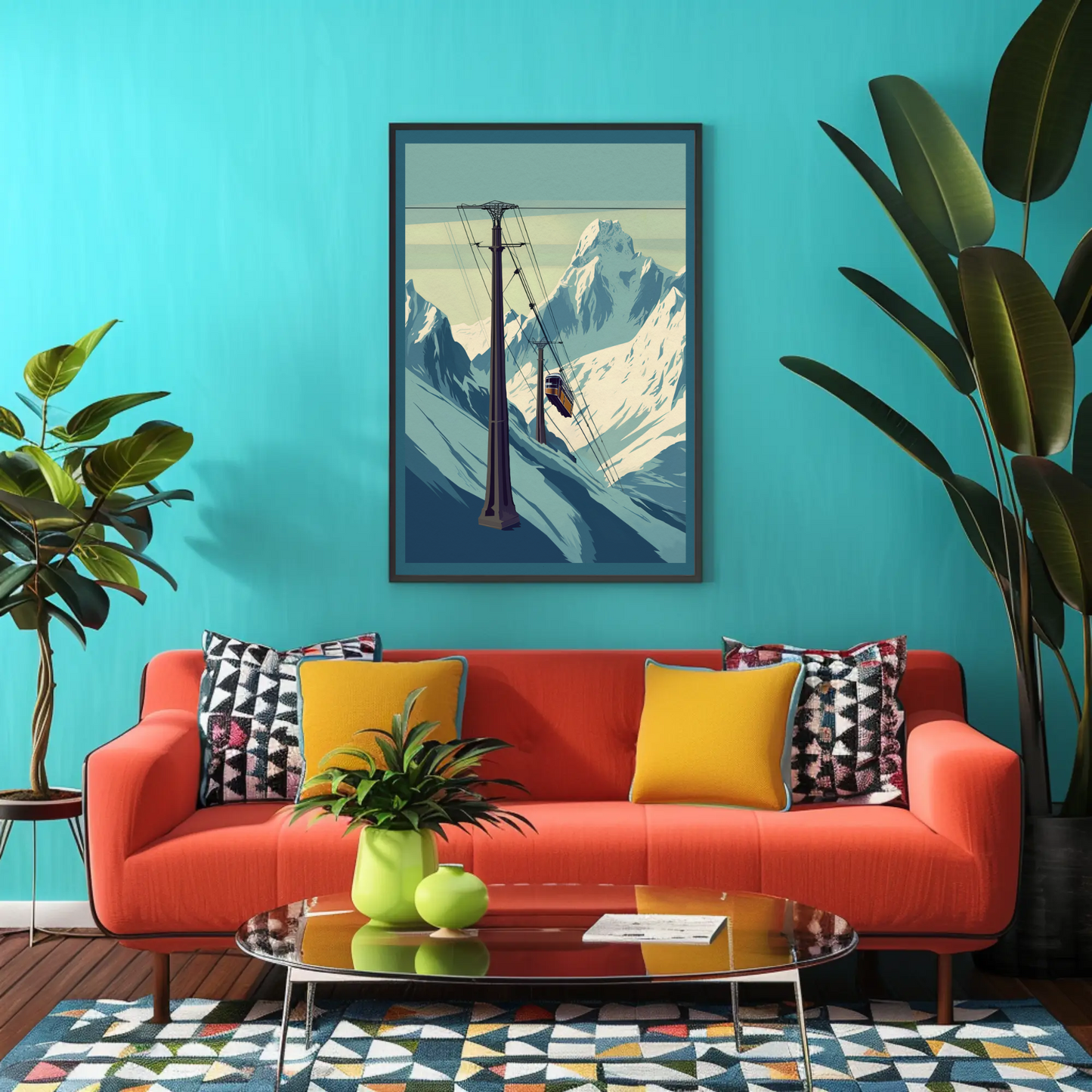 Ski Lift Across Winter Mountain Range Vintage Travel Poster
