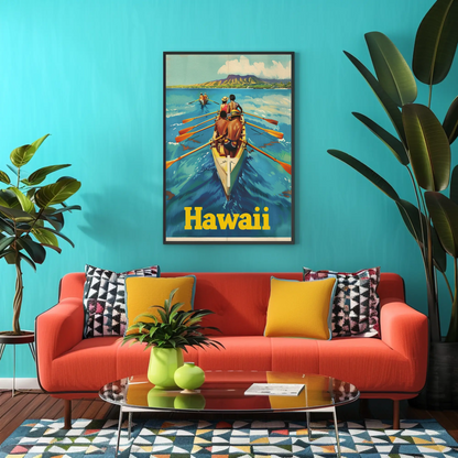 Vintage Travel Poster - Hawaii Rowing Canoe