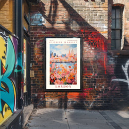London Flower Market: Vibrant Blooms Against Iconic Skyline Poster