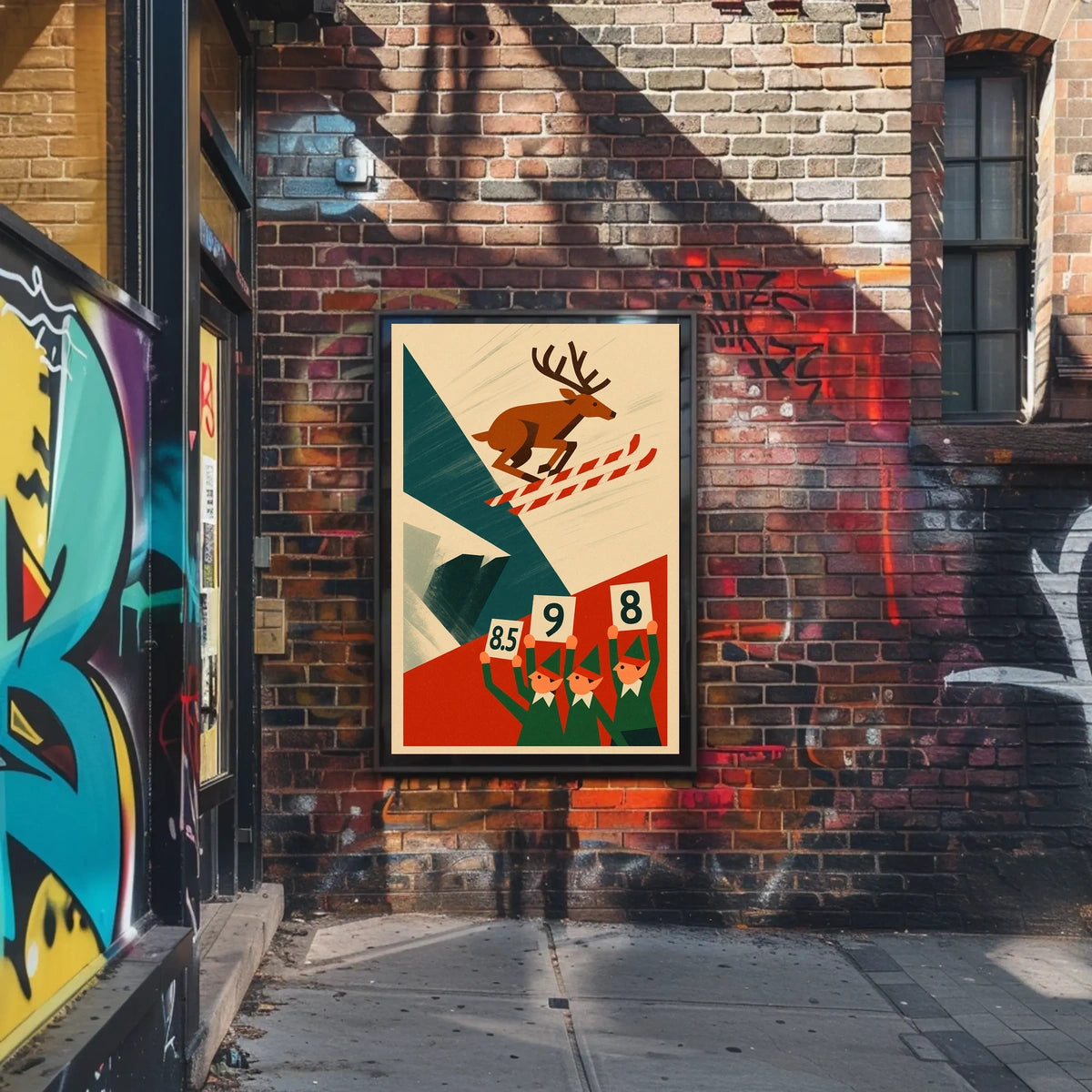 Whimsical Skiing Reindeer Retro Art Sports Poster