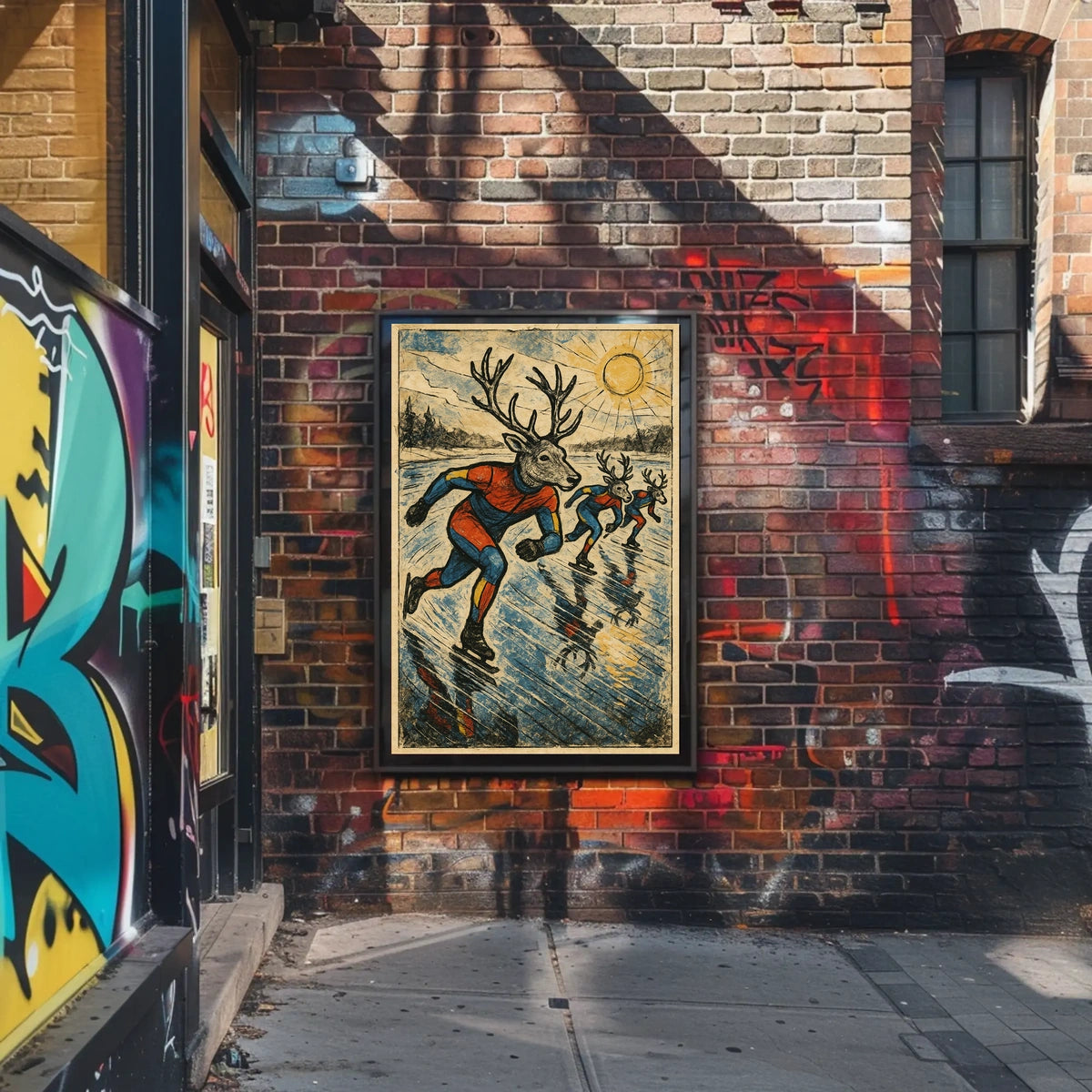 Whimsical Deer Ice Skating Vintage Art Poster