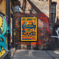 The poster is a vibrant tribute to Los Angeles, specifically highlighting Hollywood as Travel Poster