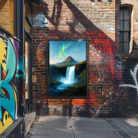 Majestic Northern Lights Over Waterfall Poster
