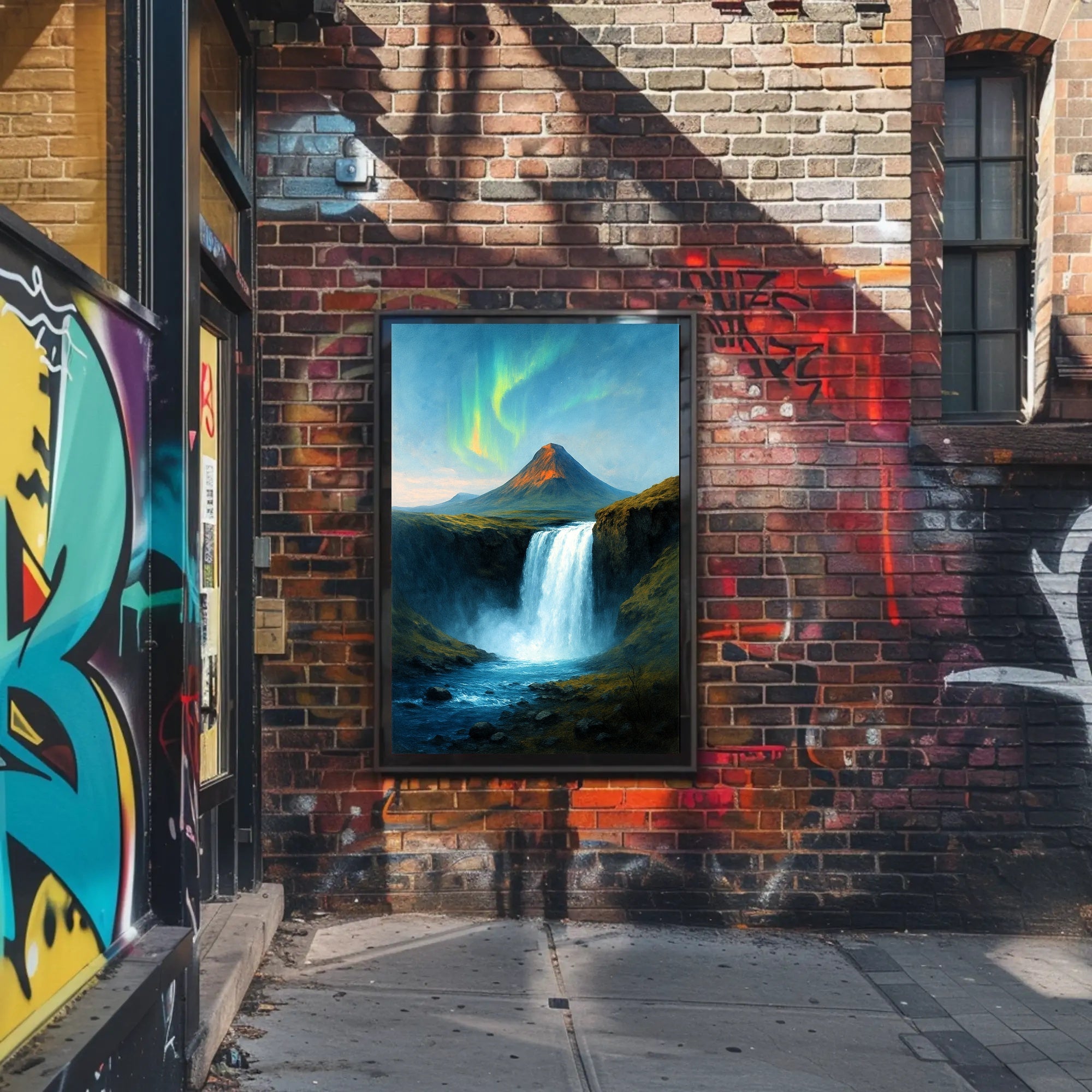 Majestic Northern Lights Over Waterfall Poster
