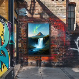 Majestic Northern Lights Over Waterfall Poster