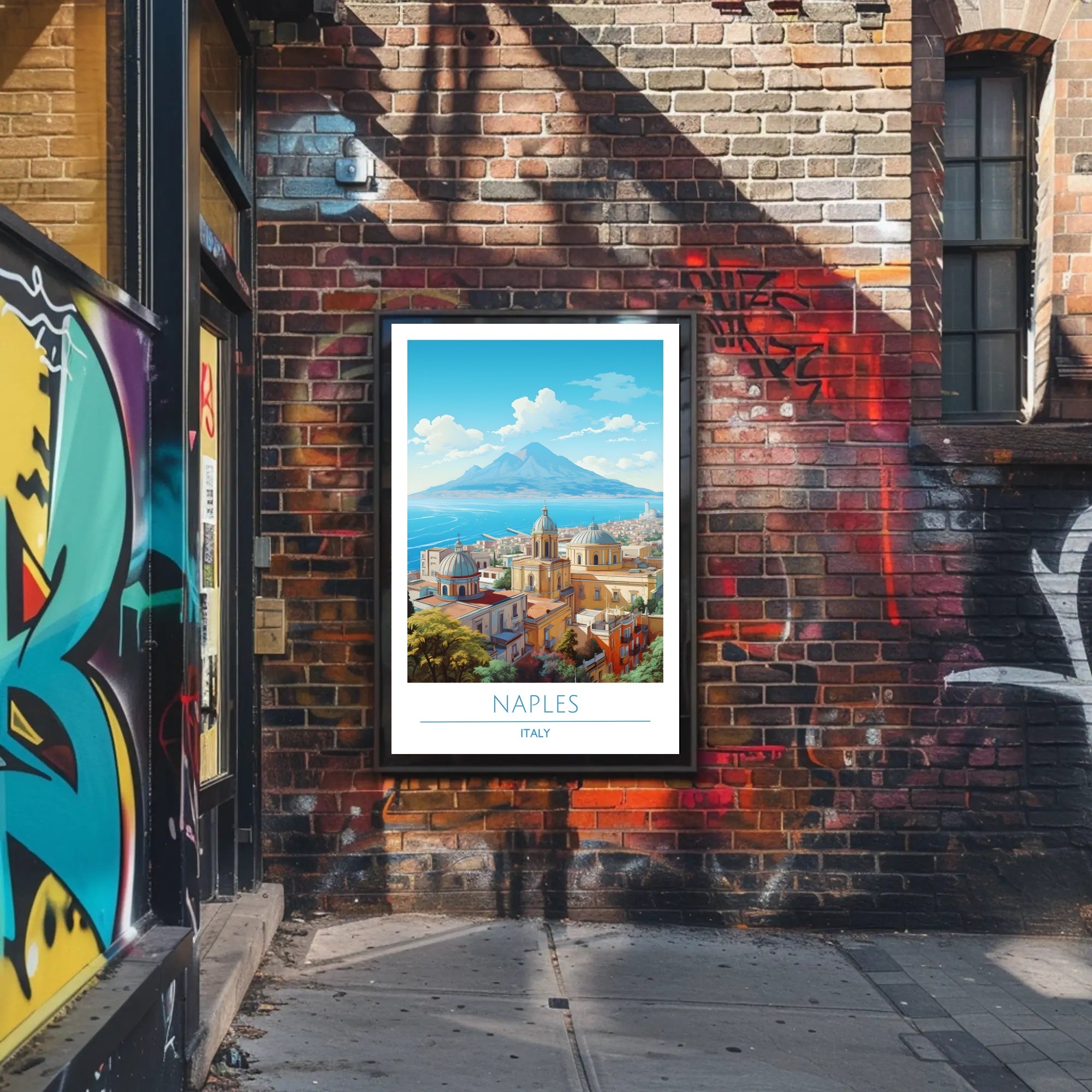 Naples Architecture with Mount Vesuvius Travel Poster