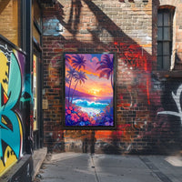 Tropical Sunset Beach Scene Illustrated Poster