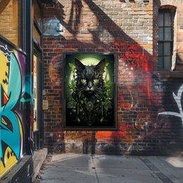 The poster presents a striking, modern depiction of a cat with an elaborate, Travel Poster