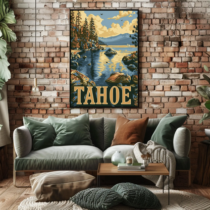 Lake Tahoe Sunset Pines Mountain Travel Poster
