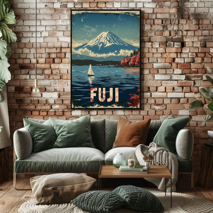 Fuji Mountain Sailing Scene Vintage Travel Poster