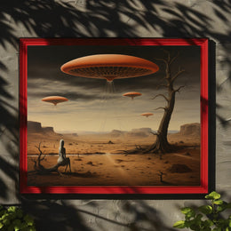 Surreal Hovering Discs in Futuristic Sci-Fi Poster