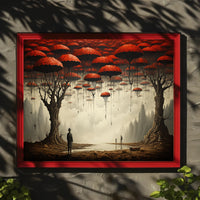 Surreal Dreamscape with Red Trees: Fantasy or Mythology Poster