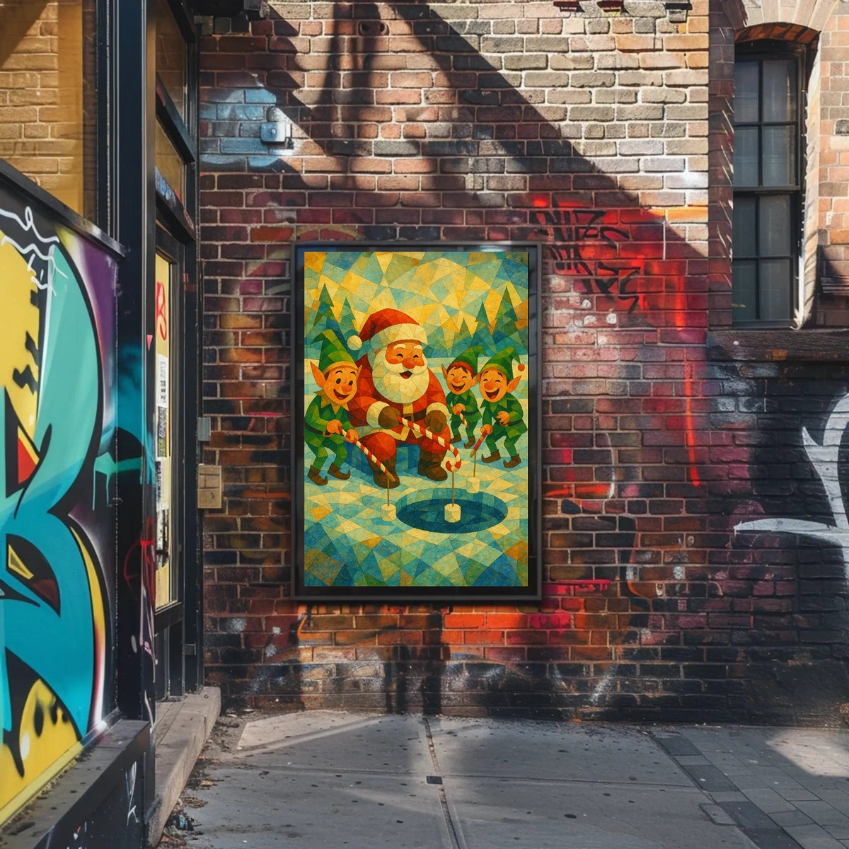 Whimsical Christmas Poster: Santa and Elves Ice Fishing