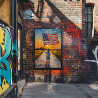 Child Holding American Flag On Sunset Dirt Road Poster