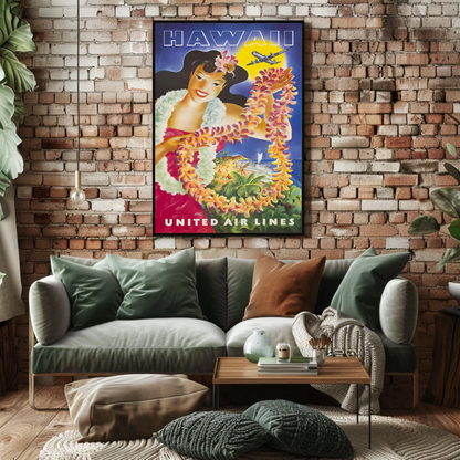 Hawaii United Airlines Lei Woman Beach Travel Poster