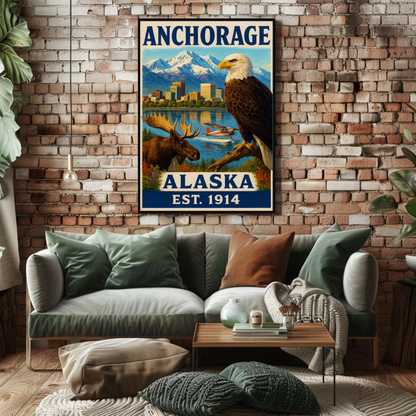 Anchorage Alaska Wildlife Skyline Nature Vintage Travel Poster