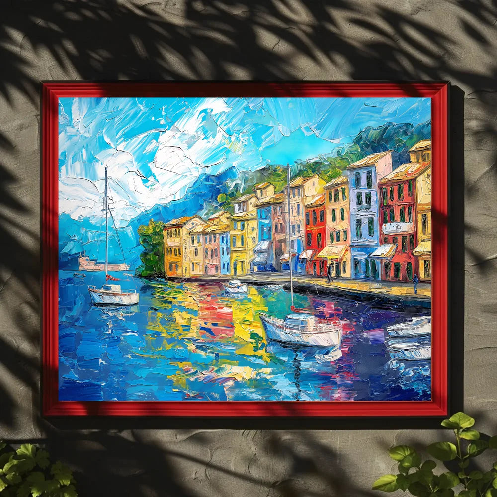 Mediterranean Coastal Town Vibrant Harbor Scene Poster