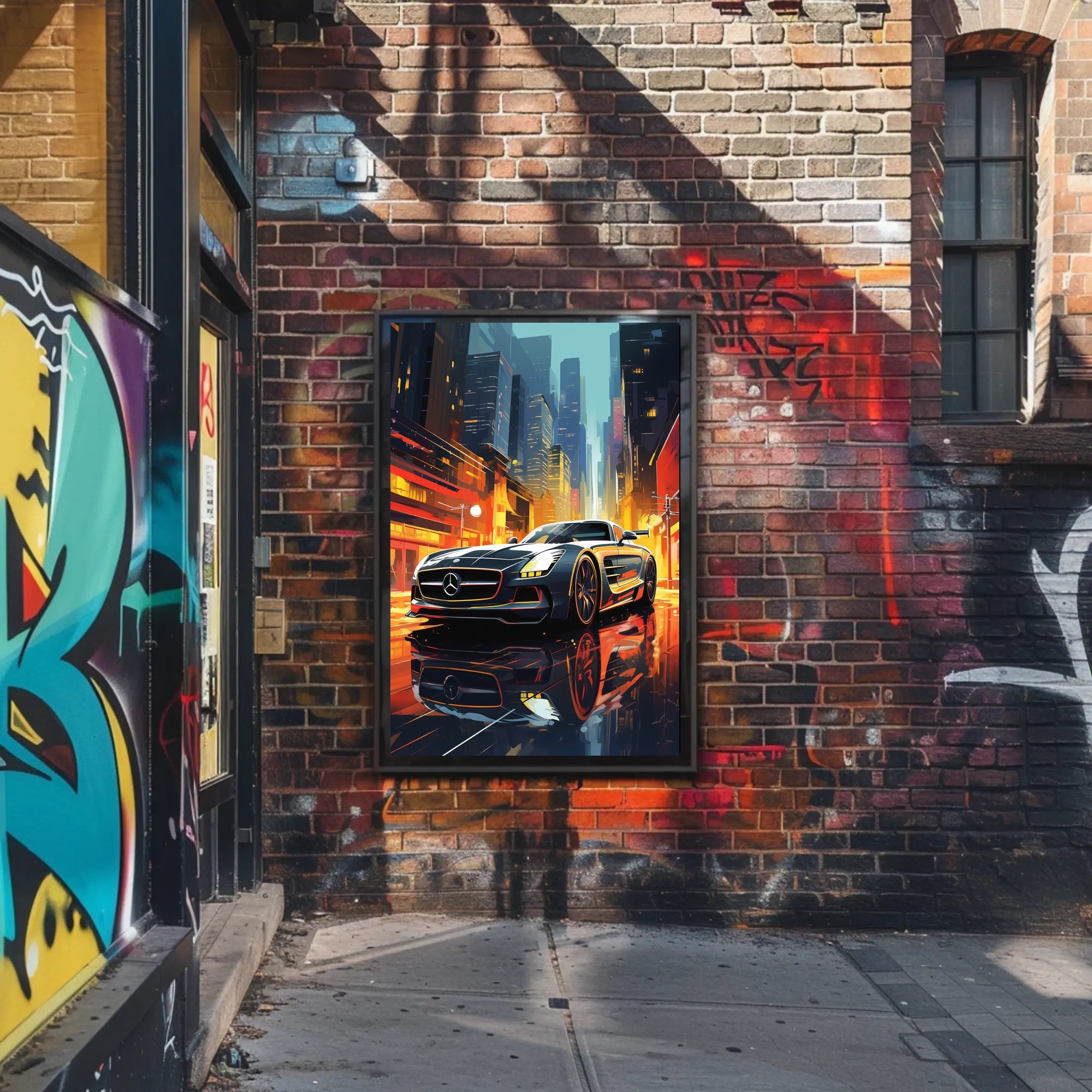 Futuristic Sports Car in Vibrant Cityscape - Futuristic Sci-Fi Poster