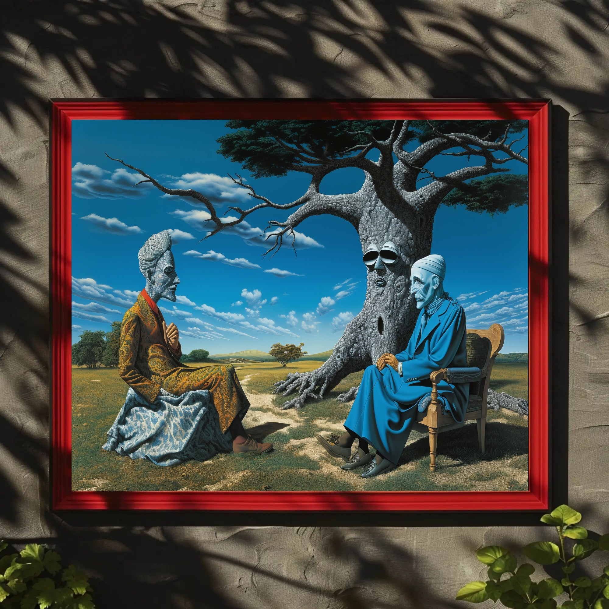 Surreal Desert Conversation with Human-Nature Elements Fantasy Poster