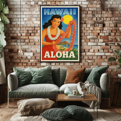 Vintage Hawaii Girl Lei Diamond Head Beach Travel Poster