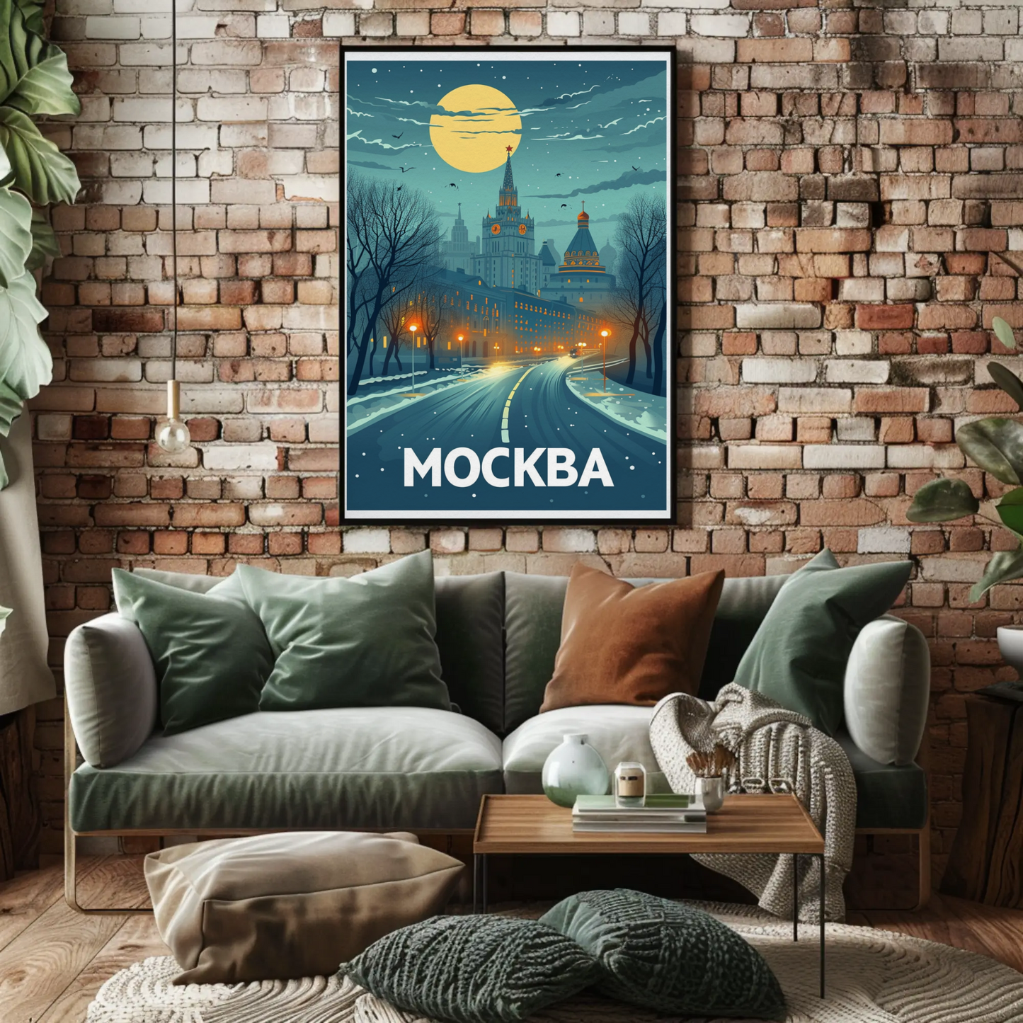 Moscow Russia Winter Night Skyline Travel Poster