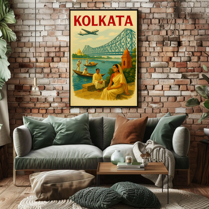 Kolkata India Bridge River Culture Scene Poster