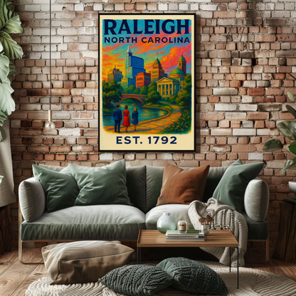 Raleigh North Carolina Skyline River Sunset Travel Poster