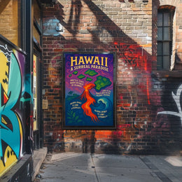 The poster features a vibrant and surreal depiction of Hawaii. The core subject Travel Poster