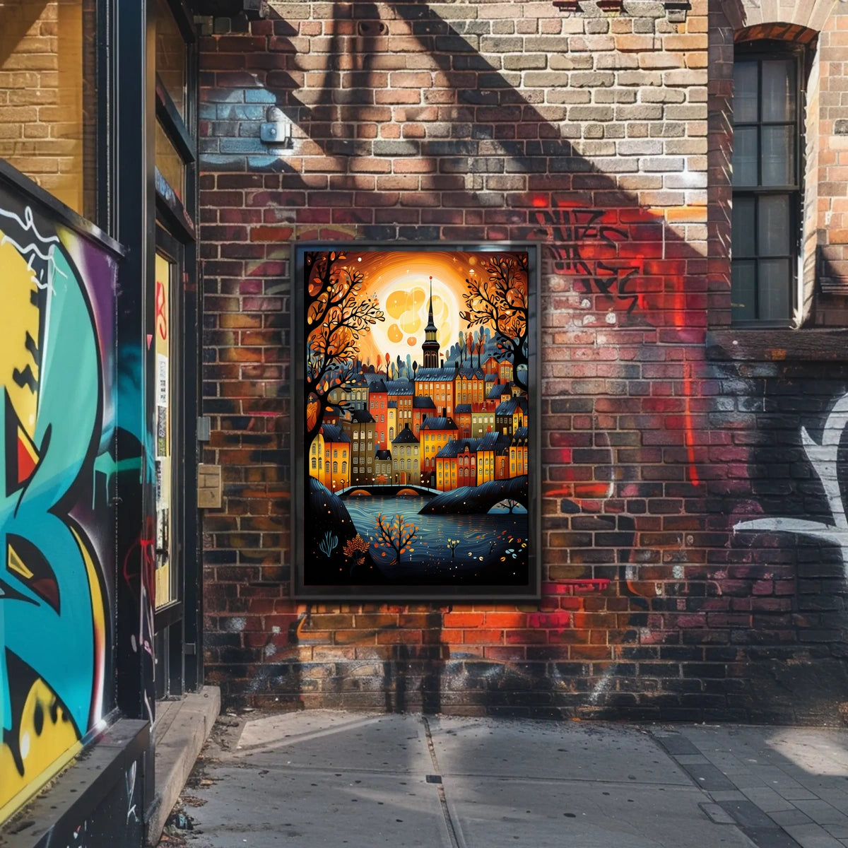 Vibrant Moonlit Classic European Townscape Art Travel Poster