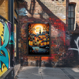 Vibrant Moonlit Classic European Townscape Art Travel Poster