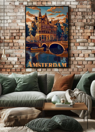 Amsterdam Canals Historic Architecture Boats Scenic Travel Poster