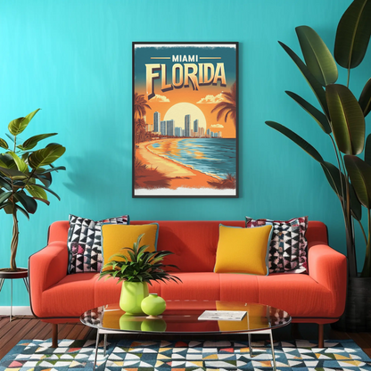 Miami Florida - Beach Sunset Vintage Travel Poster
