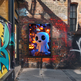 Cute Ghost with Pumpkins: Vibrant Halloween Pop Culture Poster