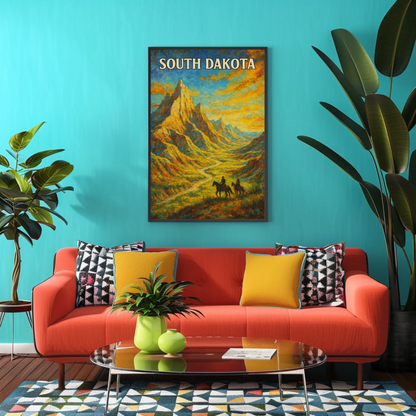 South Dakota Painted Cowboy Mountains Trail Vintage Travel Poster