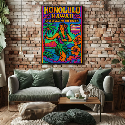 Honolulu Hawaii Pacific Vibrant Dancer Ocean Travel Poster