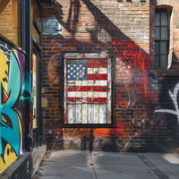 wooden barn door with faded American flag Poster