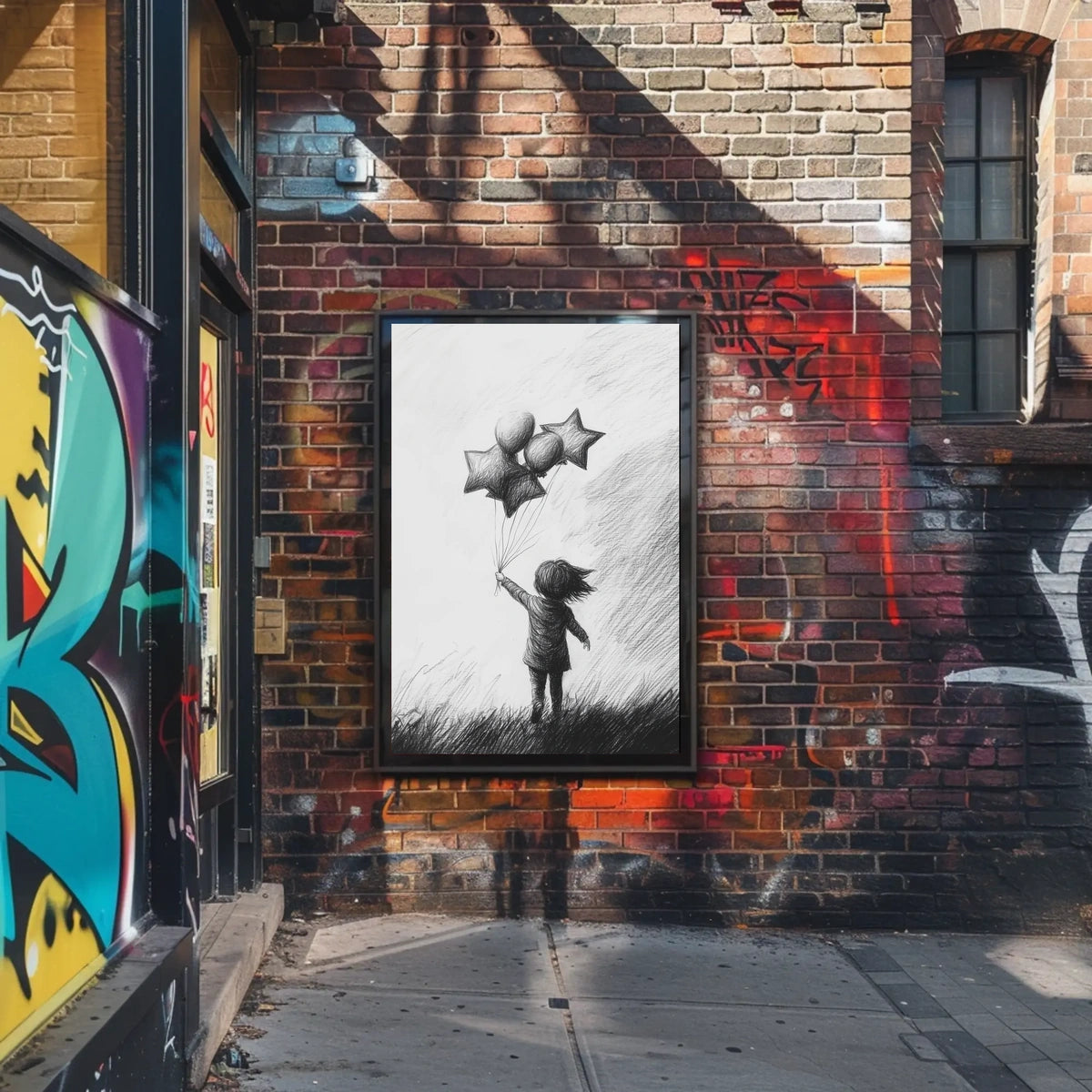 Monochrome Sketch Child Releasing Star Balloons Poster